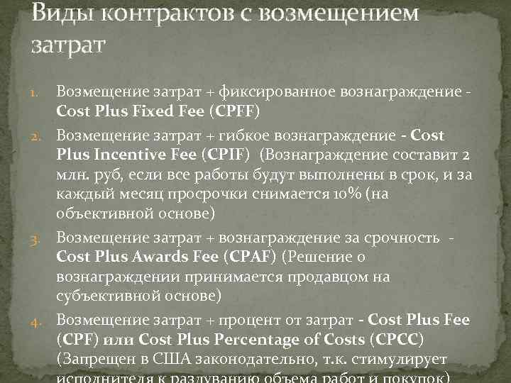 Виды контрактов с возмещением затрат Возмещение затрат + фиксированное вознаграждение - Cost Plus Fixed