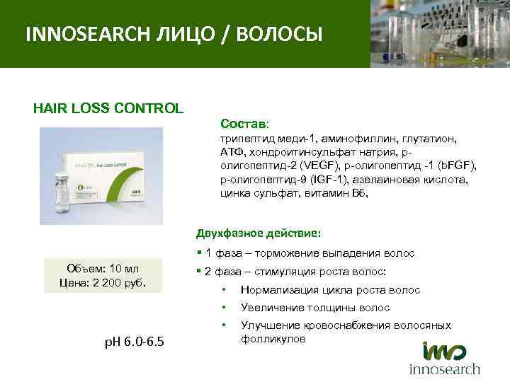 INNOSEARCH ЛИЦО / ВОЛОСЫ HAIR LOSS CONTROL Состав: трипептид меди-1, аминофиллин, глутатион, АТФ, хондроитинсульфат