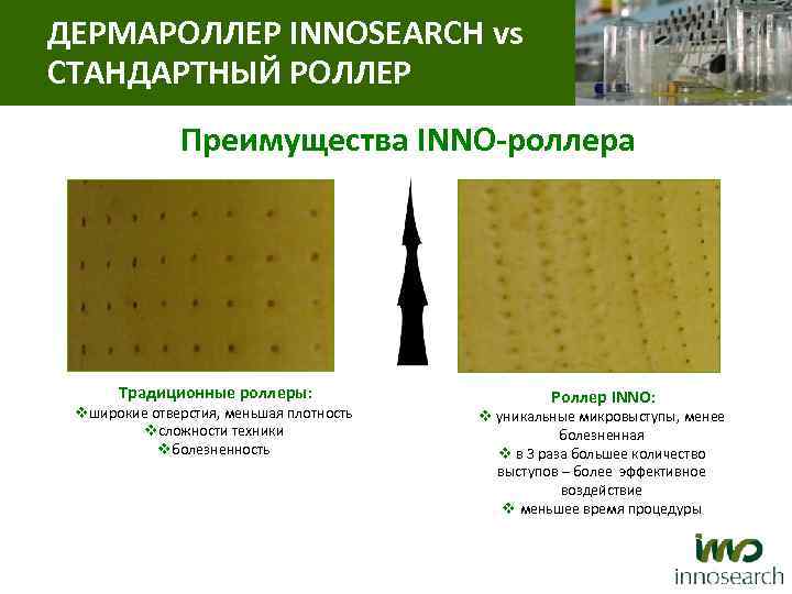 ДЕРМАРОЛЛЕР INNOSEARCH vs СТАНДАРТНЫЙ РОЛЛЕР Преимущества INNO-роллера Традиционные роллеры: vширокие отверстия, меньшая плотность vсложности