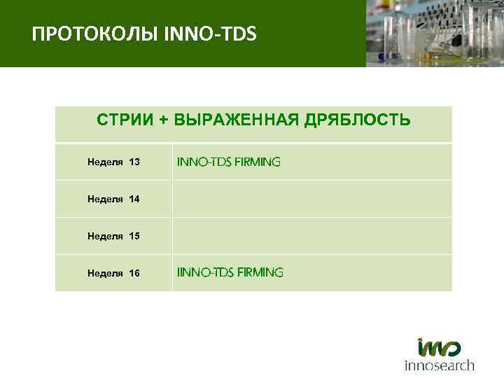ПРОТОКОЛЫ INNO-TDS СТРИИ + ВЫРАЖЕННАЯ ДРЯБЛОСТЬ Неделя 13 INNO-TDS FIRMING Неделя 14 Неделя 15