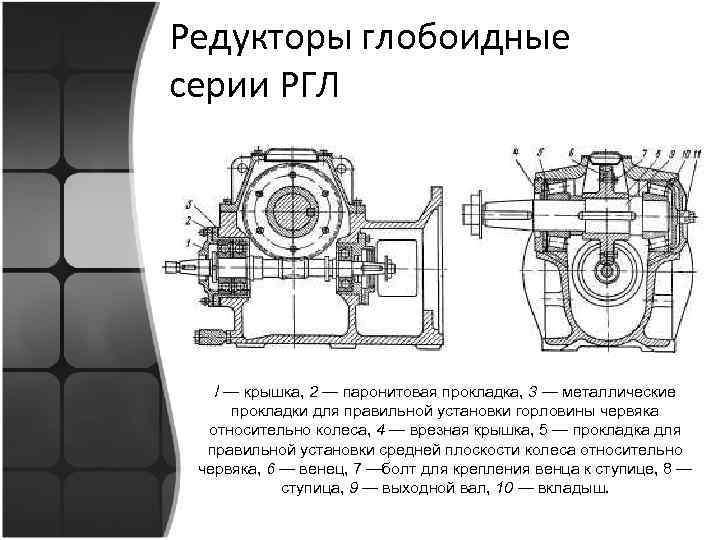 Редукторы глобоидные серии РГЛ / — крышка, 2 — паронитовая прокладка, 3 — металлические