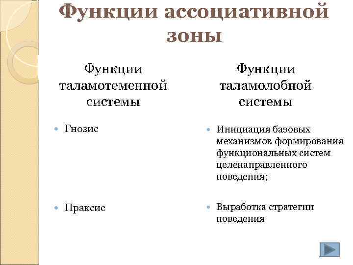 Функции ассоциативной зоны Функции таламотеменной системы Функции таламолобной системы Гнозис Инициация базовых механизмов формирования