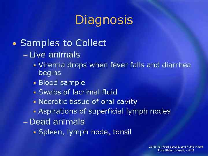Diagnosis • Samples to Collect − Live animals § Viremia drops when fever falls