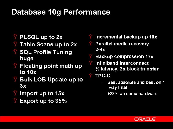 Database 10 g Performance Ÿ PLSQL up to 2 x Ÿ Table Scans up