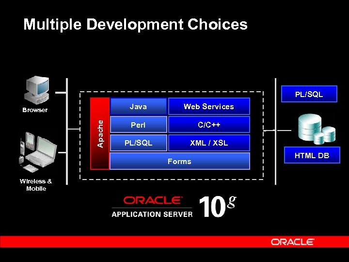 Multiple Development Choices PL/SQL Java Apache Browser Web Services Perl C/C++ PL/SQL XML /
