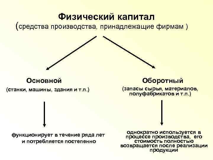 Физический капитал (средства производства, принадлежащие фирмам ) Основной (станки, машины, здания и т. п.