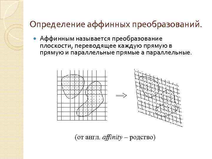 Преобразование определение. Аффинные преобразования на плоскости. Перспективно аффинное преобразование родство. Аффинные преобразования примеры. Формулы аффинных (линейных) преобразований на плоскости.