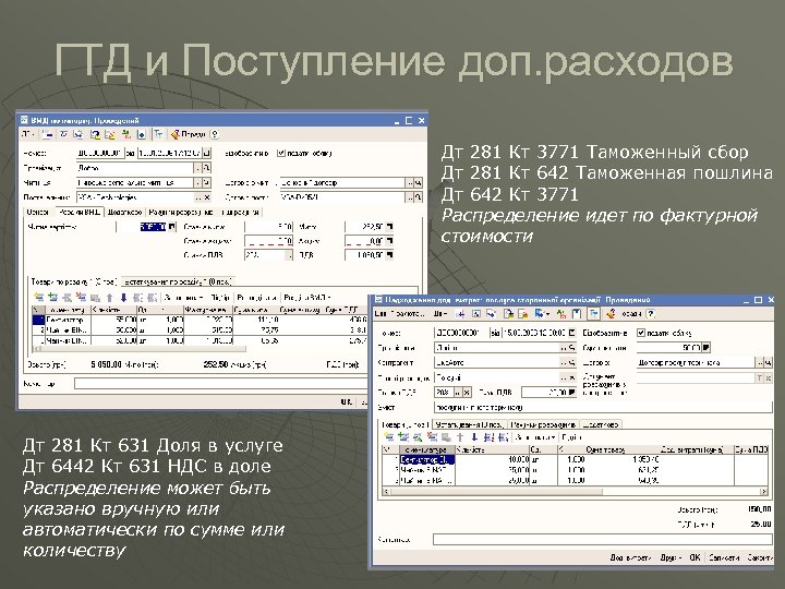 ГТД и Поступление доп. расходов Дт 281 Кт 3771 Таможенный сбор Дт 281 Кт