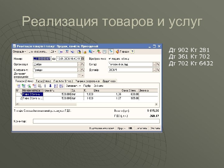 Реализация товаров и услуг Дт 902 Кт 281 Дт 361 Кт 702 Дт 702