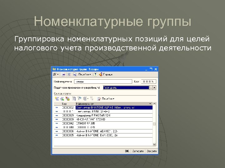 Номенклатурные группы Группировка номенклатурных позиций для целей налогового учета производственной деятельности 