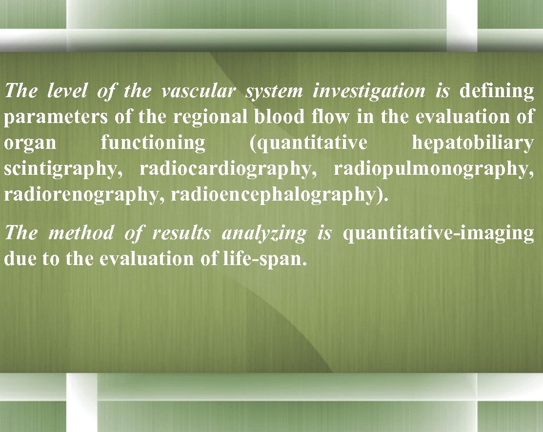 The level of the vascular system investigation is defining parameters of the regional blood