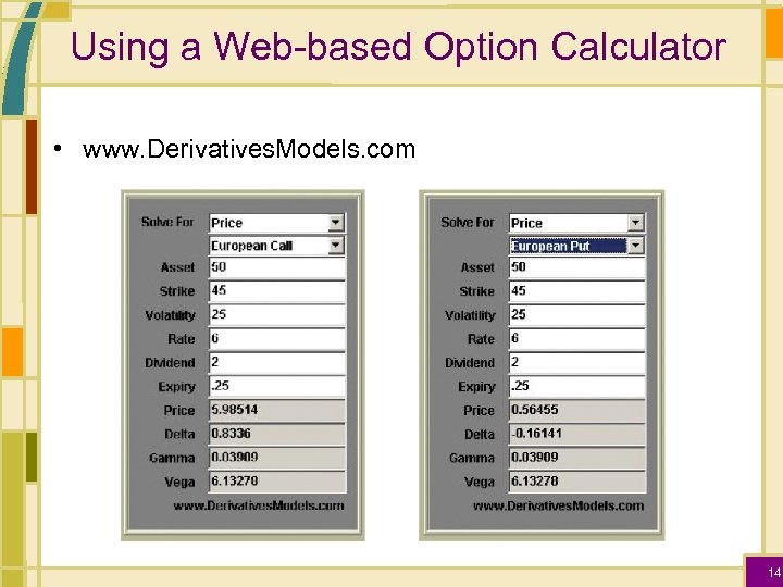 Using a Web-based Option Calculator • www. Derivatives. Models. com 14 