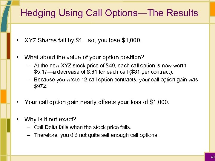 Hedging Using Call Options—The Results • XYZ Shares fall by $1—so, you lose $1,
