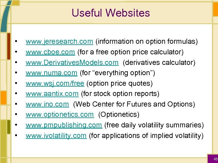 Useful Websites • • • www. jeresearch. com (information on option formulas) www. cboe.