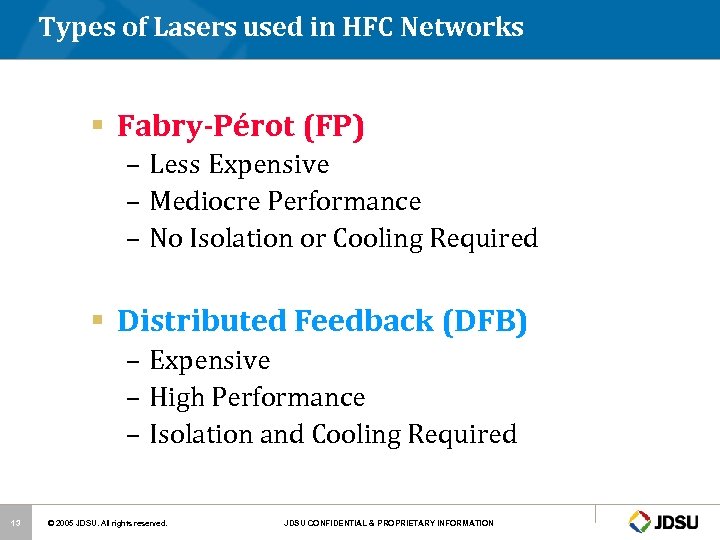 Types of Lasers used in HFC Networks § Fabry-Pérot (FP) – Less Expensive –