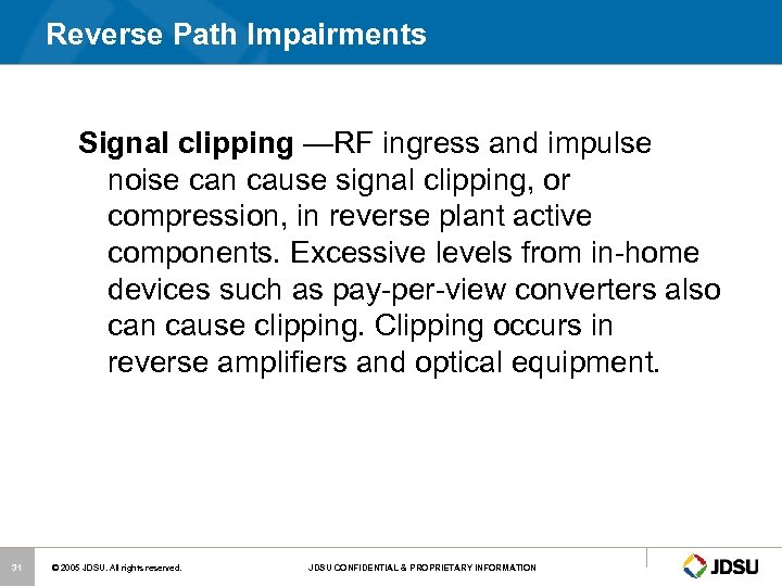 Reverse Path Impairments Signal clipping —RF ingress and impulse noise can cause signal clipping,