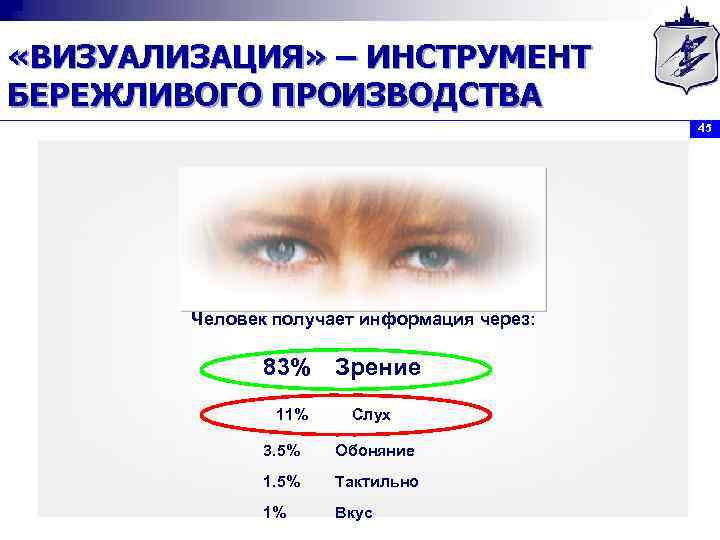  «ВИЗУАЛИЗАЦИЯ» – ИНСТРУМЕНТ БЕРЕЖЛИВОГО ПРОИЗВОДСТВА 45 Человек получает информация через: 83% Зрение 11%