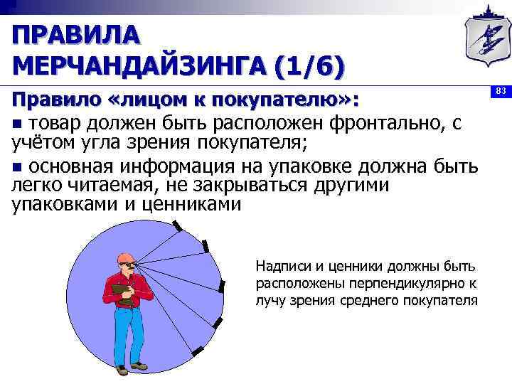 ПРАВИЛА МЕРЧАНДАЙЗИНГА (1/6) Правило «лицом к покупателю» : n товар должен быть расположен фронтально,
