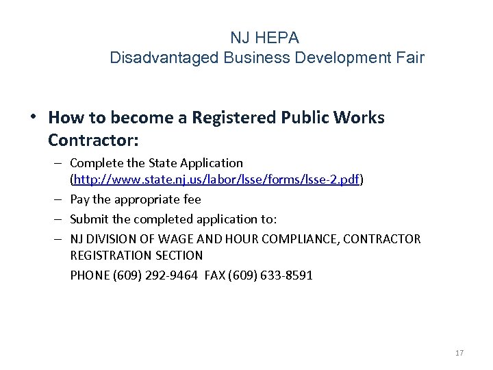  NJ HEPA Disadvantaged Business Development Fair • How to become a Registered Public