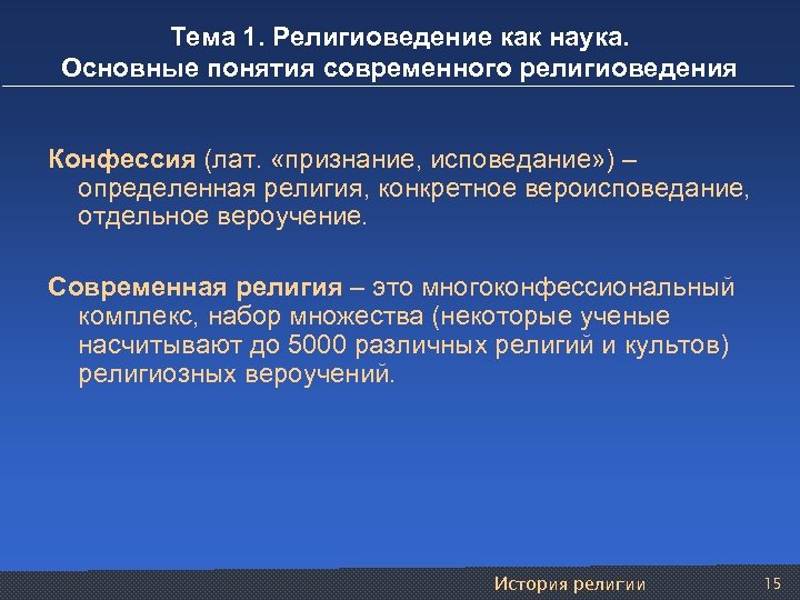 Тема 1. Религиоведение как наука. Основные понятия современного религиоведения Конфессия (лат. «признание, исповедание» )