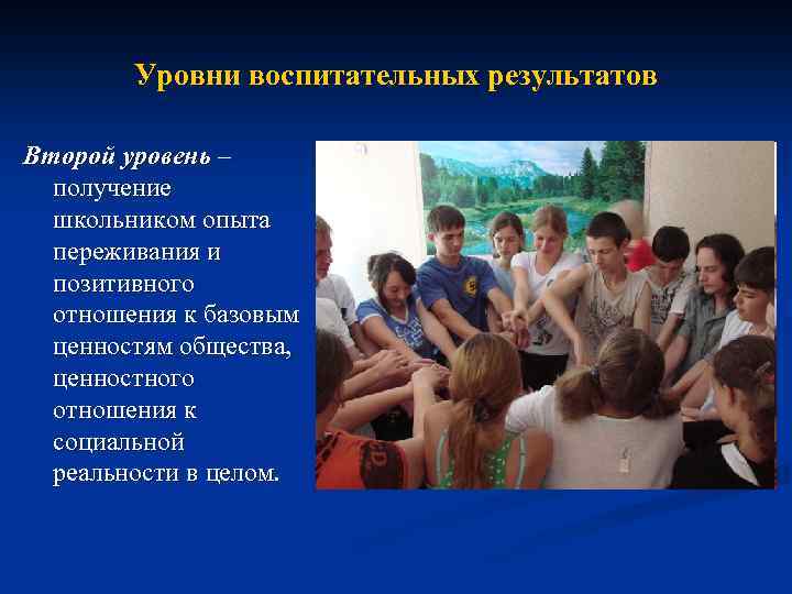 Уровни воспитательных результатов Второй уровень – получение школьником опыта переживания и позитивного отношения к