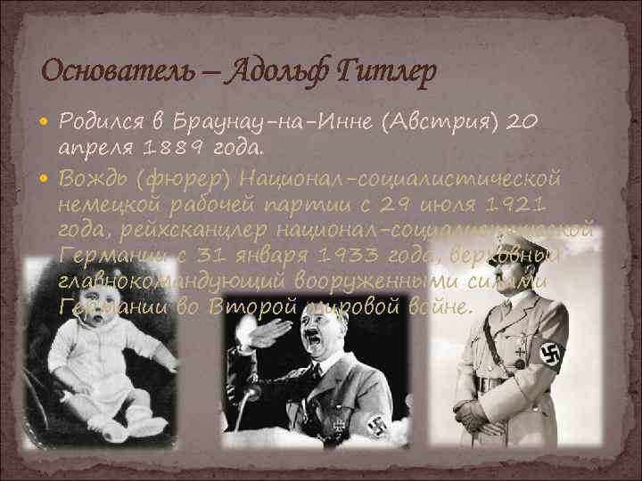 Основатель – Адольф Гитлер Родился в Браунау-на-Инне (Австрия) 20 апреля 1889 года. Вождь (фюрер)