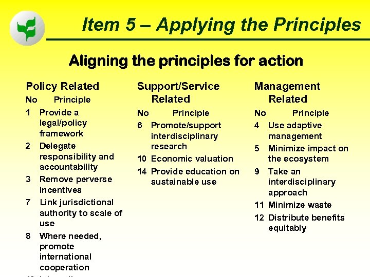 Item 5 – Applying the Principles Aligning the principles for action Policy Related 44