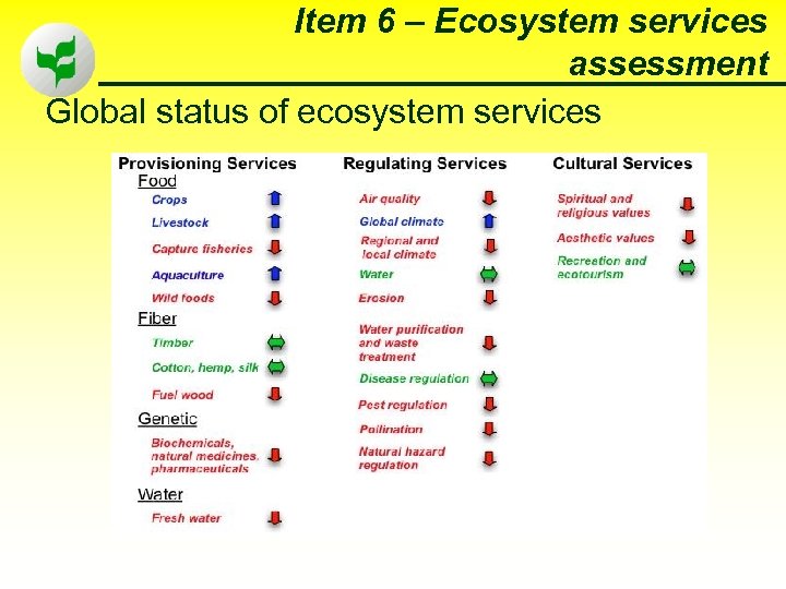 Item 6 – Ecosystem services assessment Global status of ecosystem services 60 