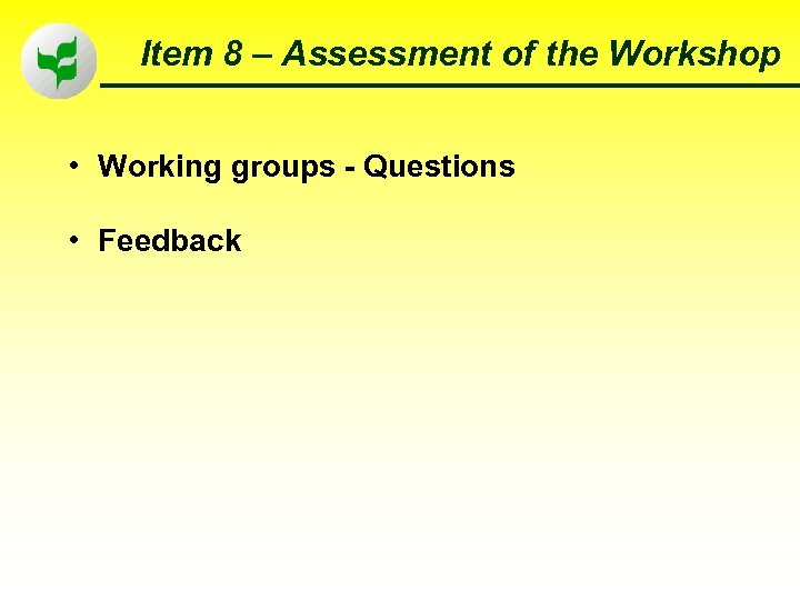 Item 8 – Assessment of the Workshop • Working groups - Questions • Feedback