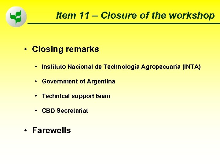 Item 11 – Closure of the workshop • Closing remarks • Instituto Nacional de