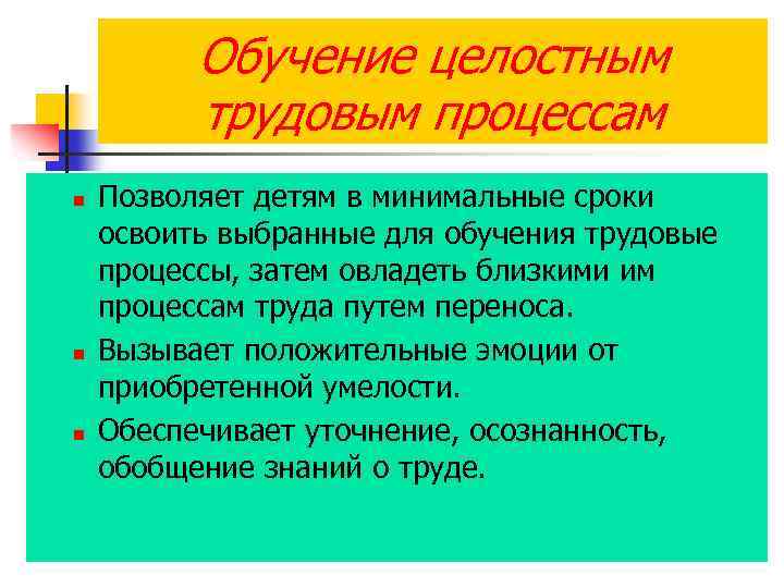 Обучение целостным трудовым процессам n n n Позволяет детям в минимальные сроки освоить выбранные