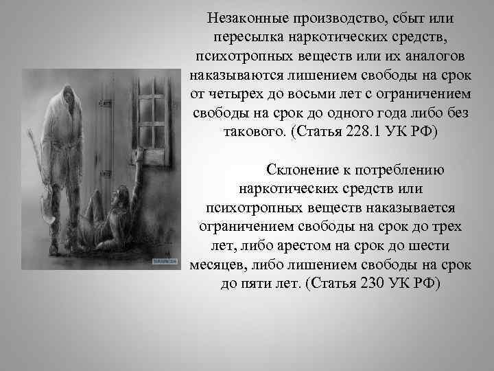Незаконные производство, сбыт или пересылка наркотических средств, психотропных веществ или их аналогов наказываются лишением