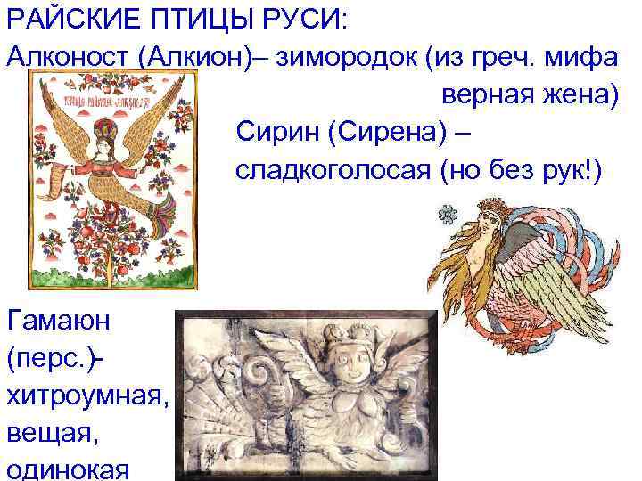 РАЙСКИЕ ПТИЦЫ РУСИ: Алконост (Алкион)– зимородок (из греч. мифа верная жена) Сирин (Сирена) –