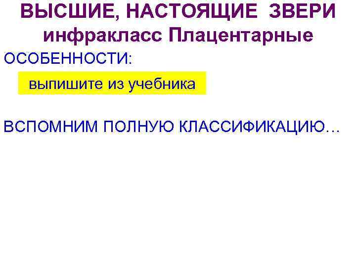 ВЫСШИЕ, НАСТОЯЩИЕ ЗВЕРИ инфракласс Плацентарные ОСОБЕННОСТИ: выпишите из учебника ВСПОМНИМ ПОЛНУЮ КЛАССИФИКАЦИЮ… 