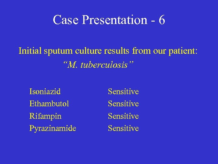 Case Presentation - 6 Initial sputum culture results from our patient: “M. tuberculosis” Isoniazid