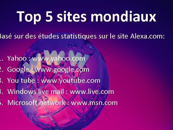 Top 5 sites mondiaux Basé sur des études statistiques sur le site Alexa. com: