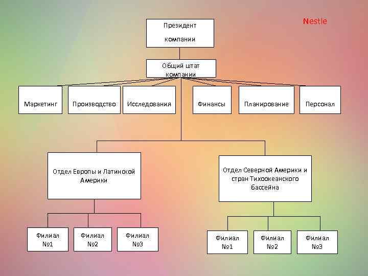 Nestle Президент компании Общий штат компании Маркетинг Производство Исследования Отдел Европы и Латинской Америки