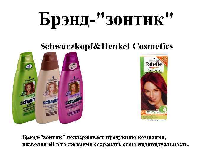Брэнд-"зонтик" Schwarzkopf&Henkel Cosmetics Брэнд-"зонтик" поддерживает продукцию компании, позволяя ей в то же время сохранять