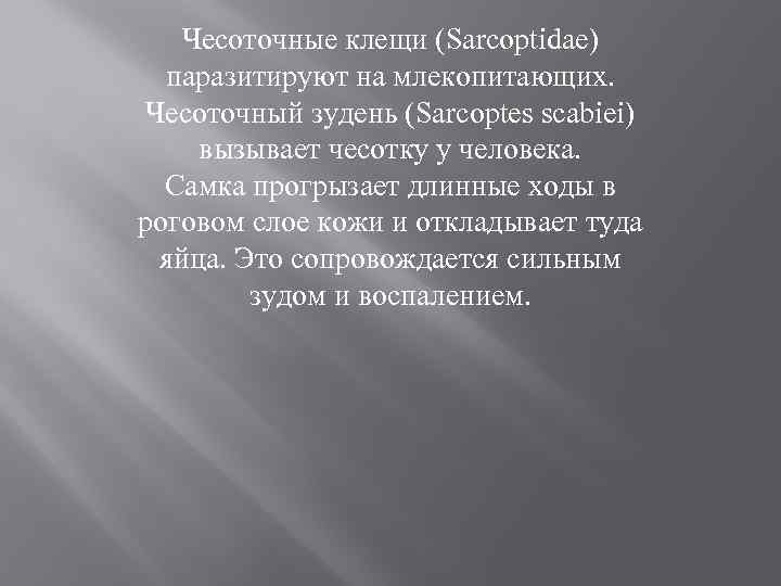 Чесоточные клещи (Sarcoptidae) паразитируют на млекопитающих. Чесоточный зудень (Sarcoptes scabiei) вызывает чесотку у человека.