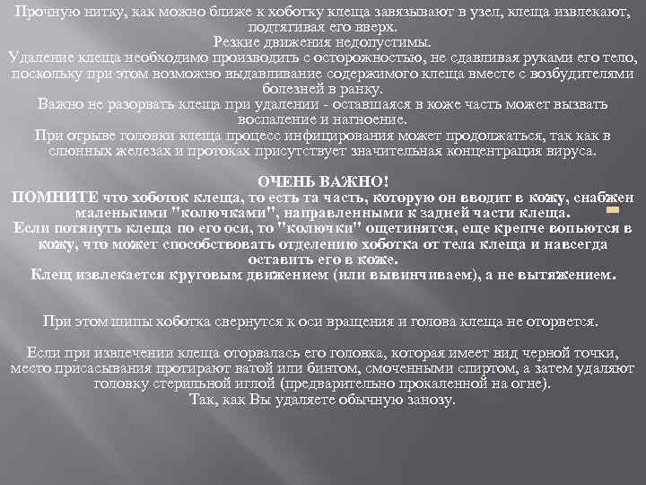 Прочную нитку, как можно ближе к хоботку клеща завязывают в узел, клеща извлекают, подтягивая