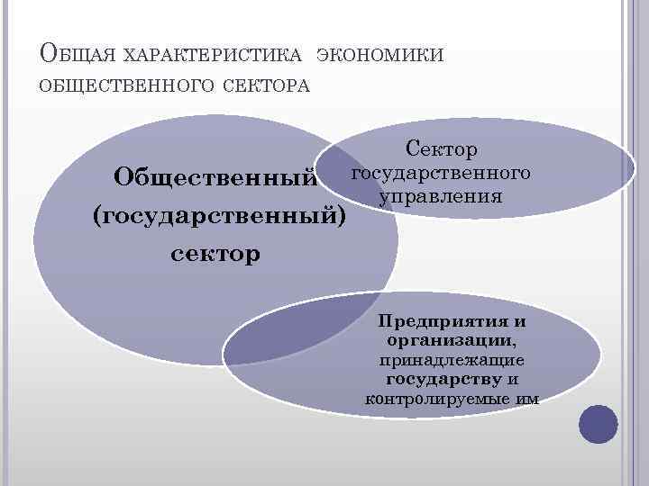 ОБЩАЯ ХАРАКТЕРИСТИКА ЭКОНОМИКИ ОБЩЕСТВЕННОГО СЕКТОРА Общественный (государственный) сектор Сектор государственного управления Предприятия и организации,