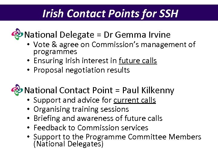Irish Contact Points for SSH • National Delegate = Dr Gemma Irvine • Vote
