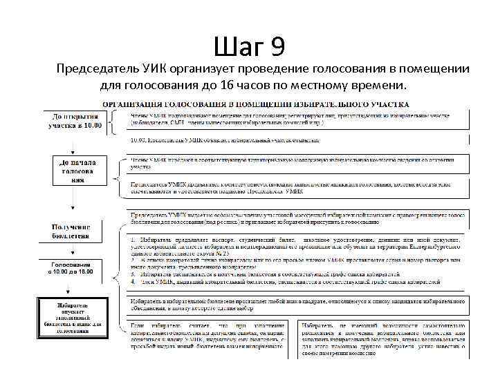 Шаг 9 Председатель УИК организует проведение голосования в помещении для голосования до 16 часов