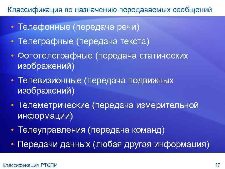 Классификация по назначению передаваемых сообщений • Телефонные (передача речи) • Телеграфные (передача текста) •