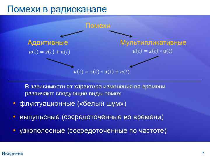 Помехи в радиоканале Помехи Аддитивные Мультипликативные В зависимости от характера изменения во времени различают