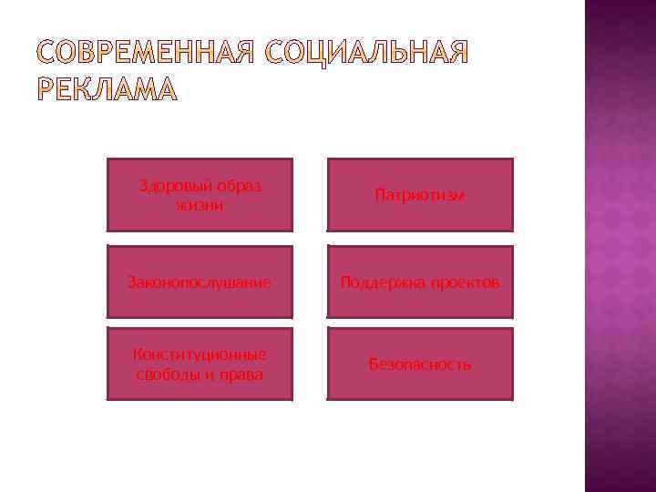 Здоровый образ жизни Патриотизм Законопослушание Поддержка проектов Конституционные свободы и права Безопасность 