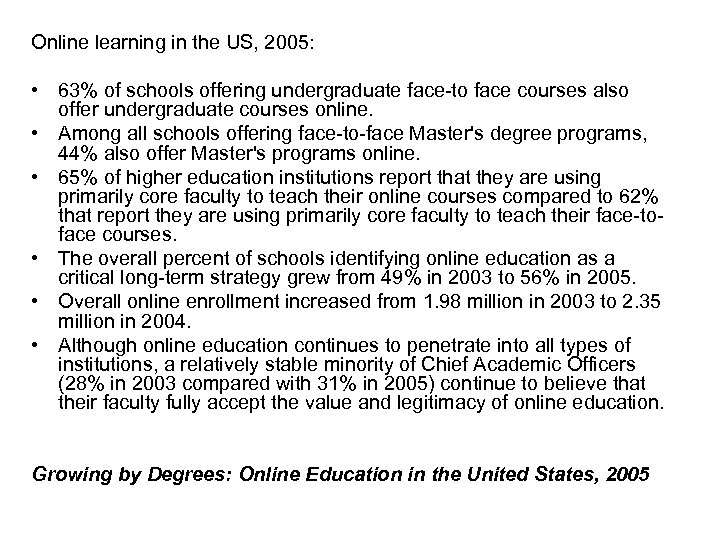 Online learning in the US, 2005: • 63% of schools offering undergraduate face-to face