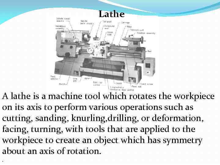 Lathe A lathe is a machine tool which rotates the workpiece on its axis