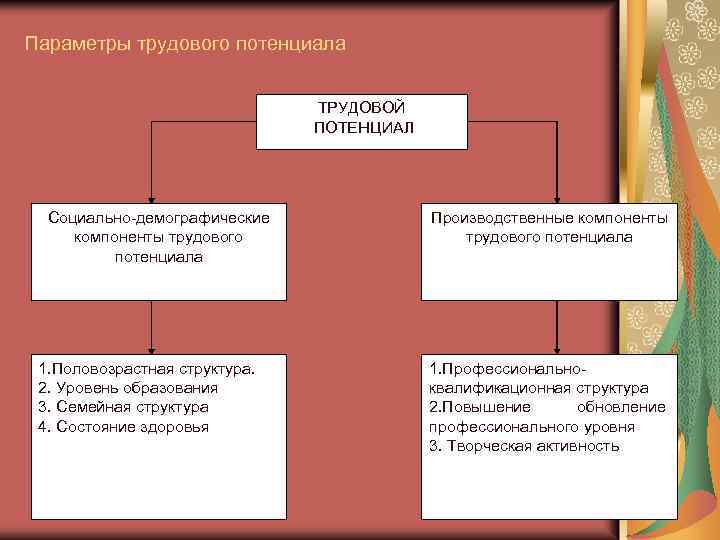 Параметры трудового потенциала ТРУДОВОЙ ПОТЕНЦИАЛ Социально-демографичеcкие компоненты трудового потенциала 1. Половозрастная структура. 2. Уровень