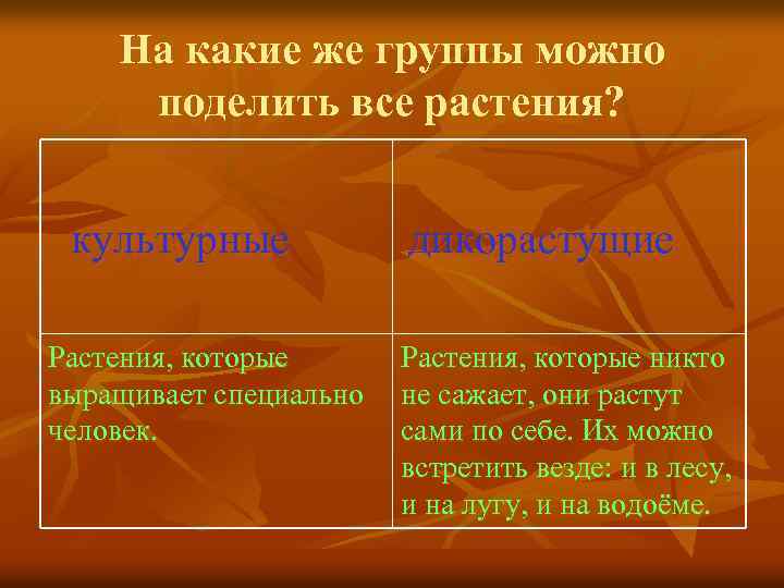 На какие же группы можно поделить все растения? культурные Растения, которые выращивает специально человек.